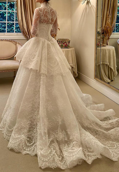 High-Neck Lace Ball Gown Wedding Dress