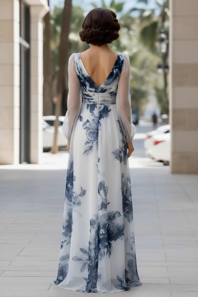 Floral Print V-Neck Maxi Dress with Long Sleeves