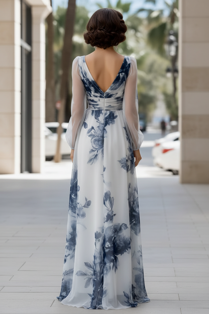 Floral Print V-Neck Maxi Dress with Long Sleeves