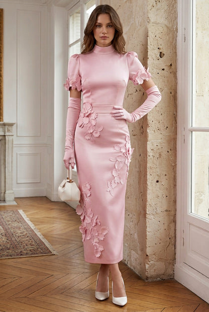 High Neck Column Dress with Floral Appliques