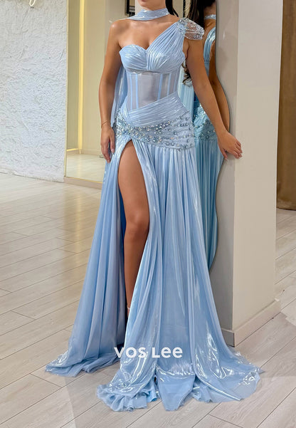 One-Shoulder Corset Gown with Beaded Waist & Slit