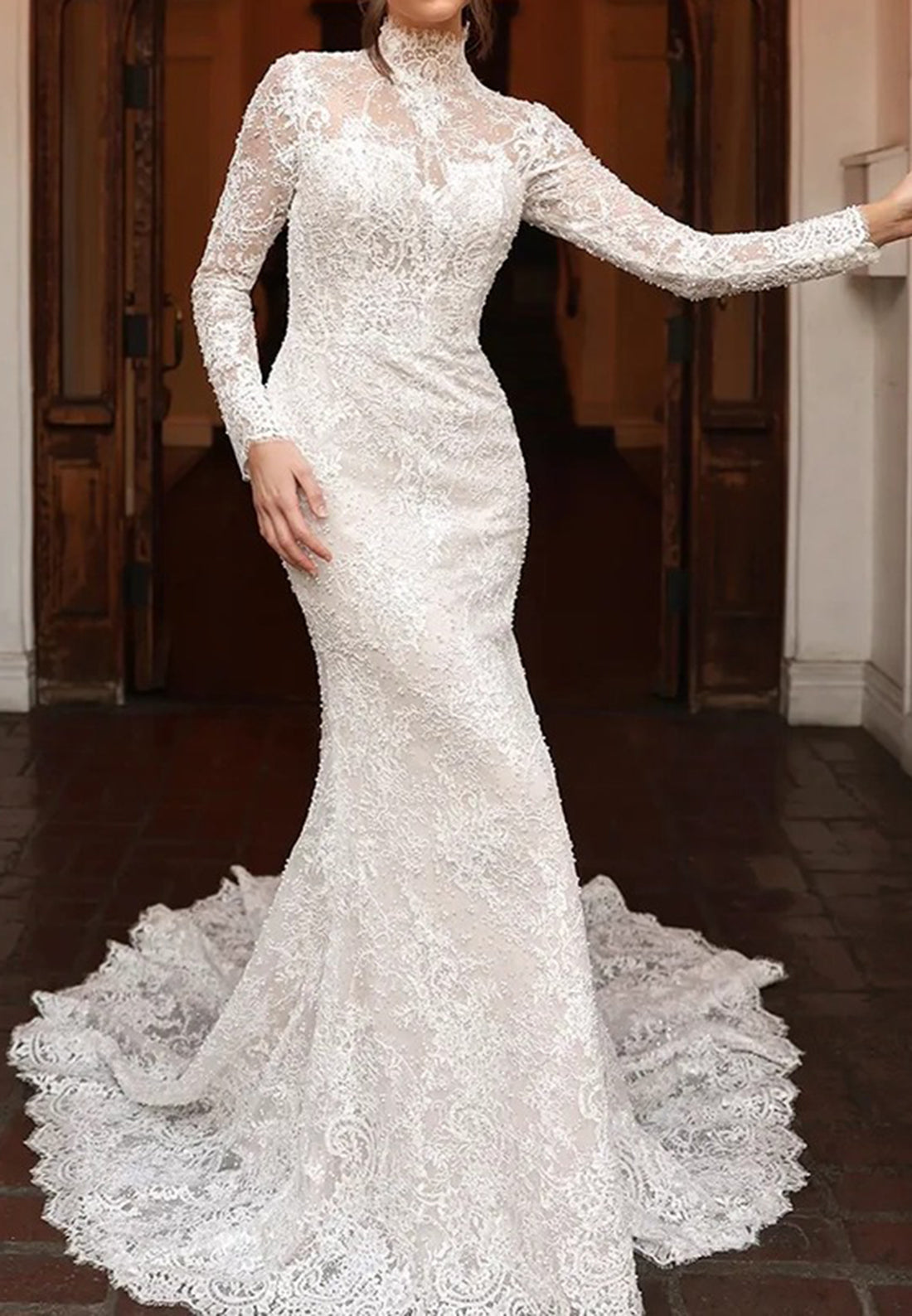 High-Neck Lace Long Sleeve Mermaid Wedding Dress