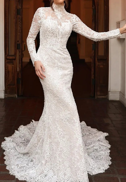 High-Neck Lace Long Sleeve Mermaid Wedding Dress