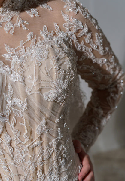 High Neck Lace Long Sleeve Wedding Dress