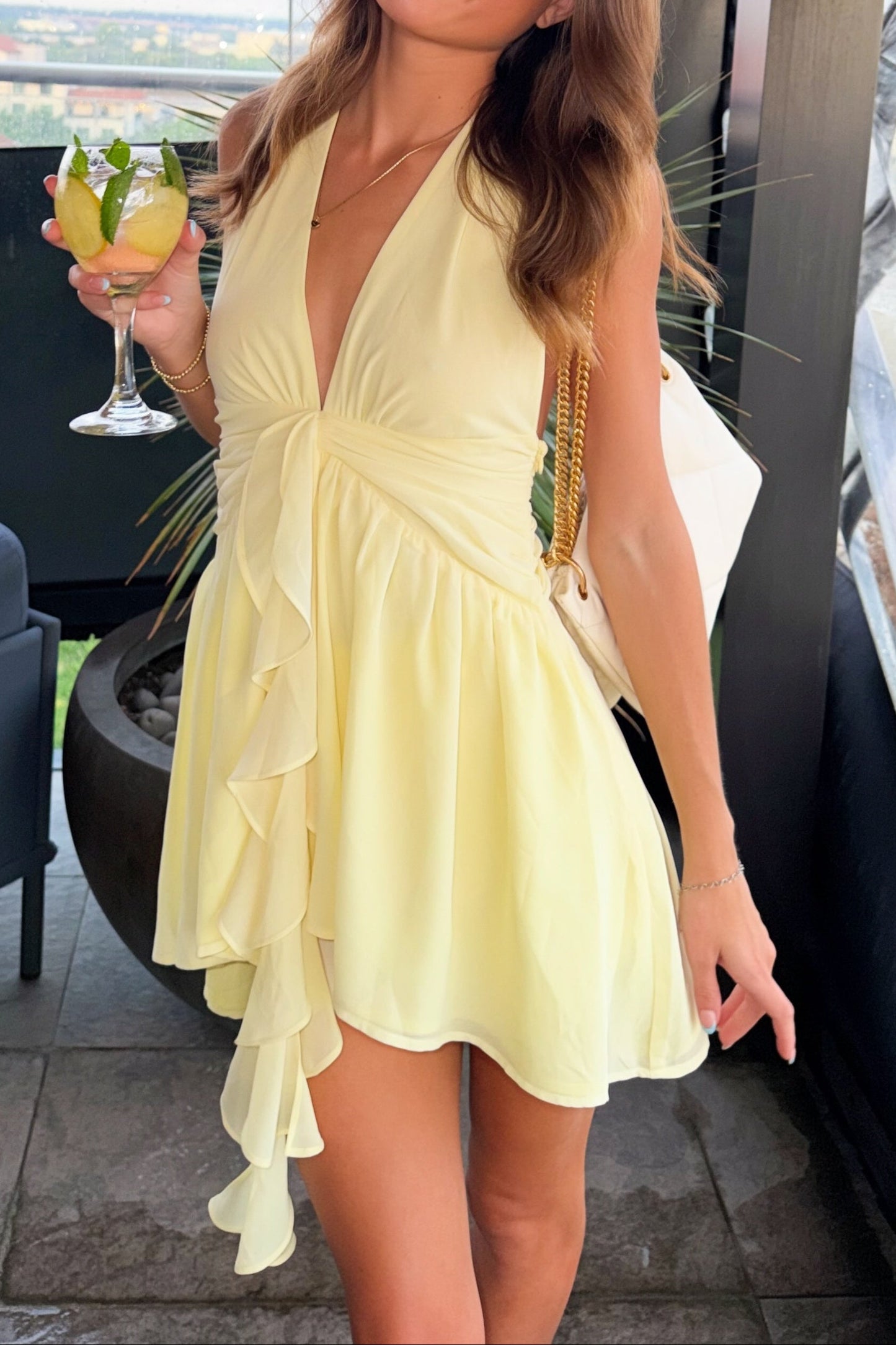 Plunging Halter Mini Dress with Front Ruffle Detail