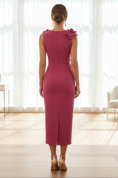 Sleeveless Midi Sheath Dress with 3D Floral Appliques