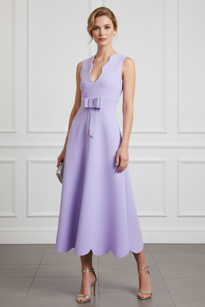 Lilac Scalloped V-Neck Midi Dress with Bow Belt