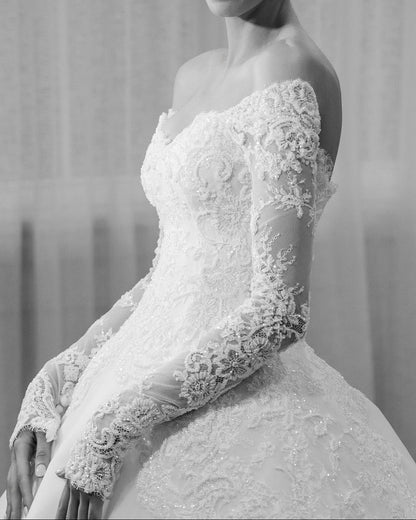 Off-the-Shoulder Lace Ball Gown Wedding Dress