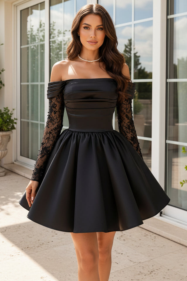 Off-the-Shoulder Lace Sleeve Pleated Mini Dress