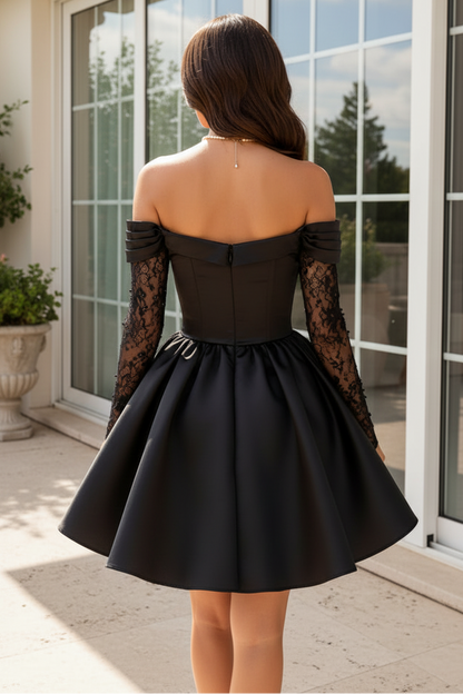Off-the-Shoulder Lace Sleeve Pleated Mini Dress