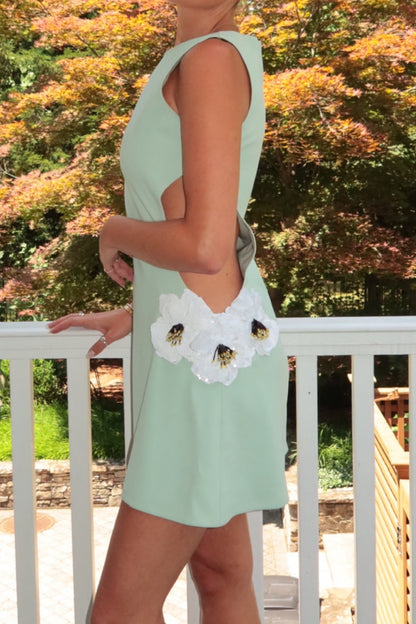 Cut-Out Mini Shift Dress with Floral Appliques
