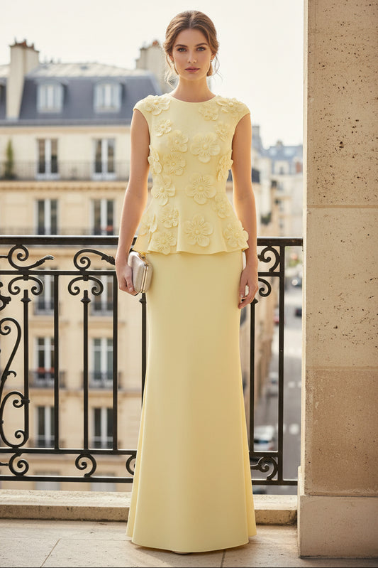 Sleeveless Peplum Column Gown with 3D Flowers