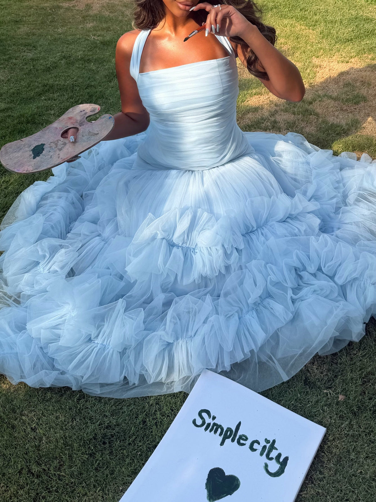 Ruched Halter Tiered Ruffle Tulle Gown