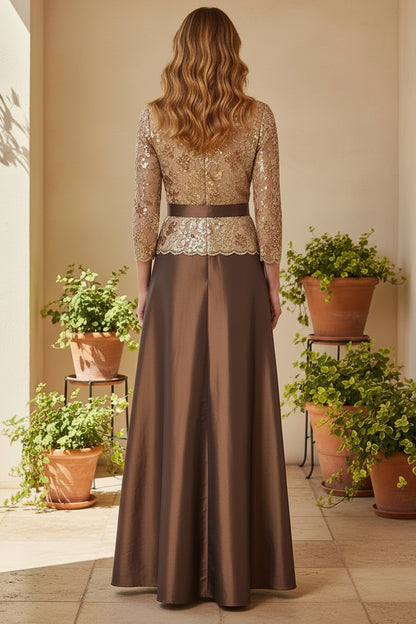 Sequin Lace Bodice A-Line Gown with Bow Sash