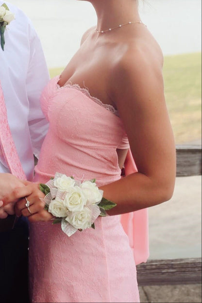 Strapless Scalloped-Lace Mini Dress with Open-Back Bow