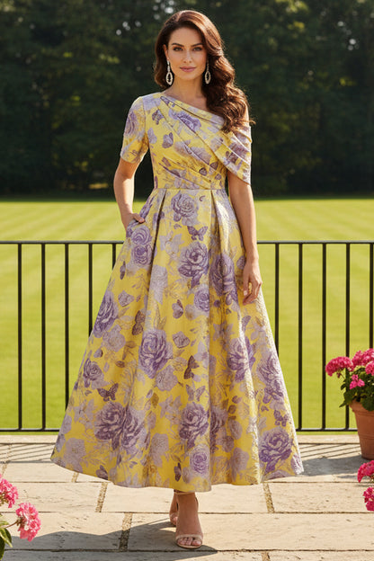 Off-Shoulder Floral Jacquard Tea-Length Dress