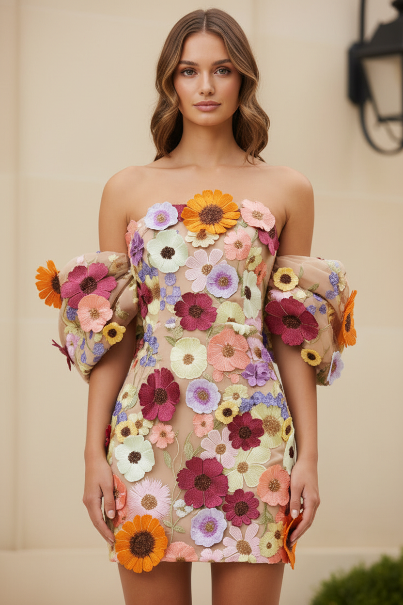 Off-the-Shoulder 3D Floral Applique Mini Dress