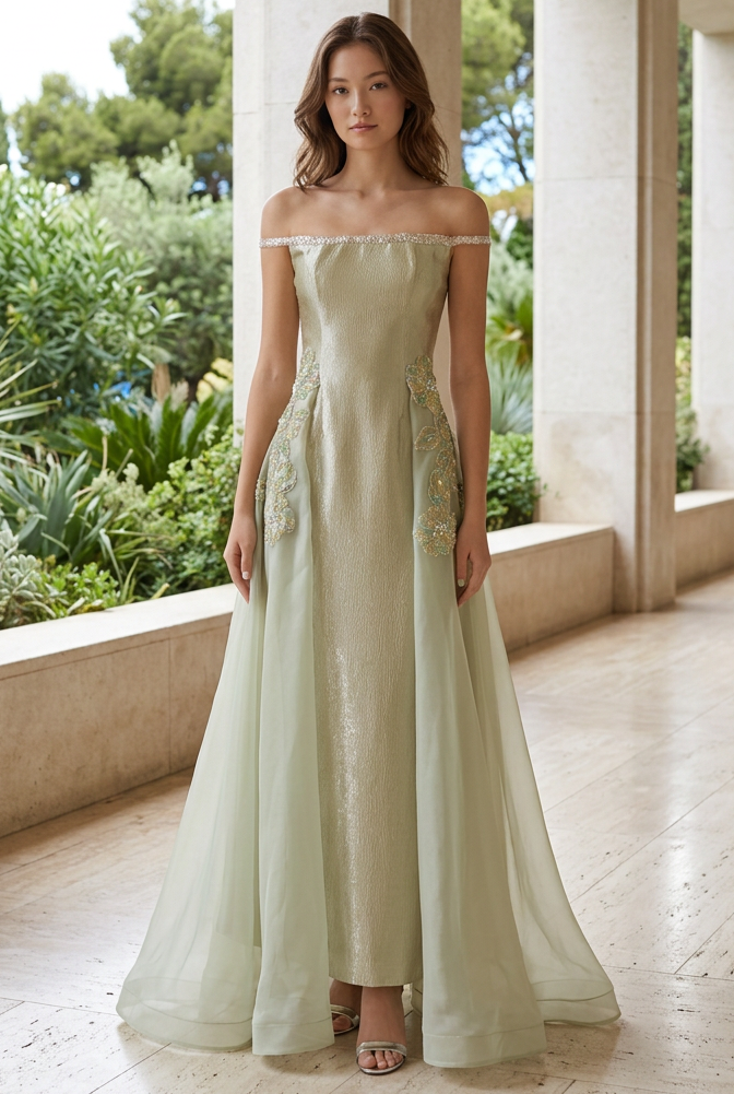 Off-the-Shoulder Metallic Gown with Overskirt