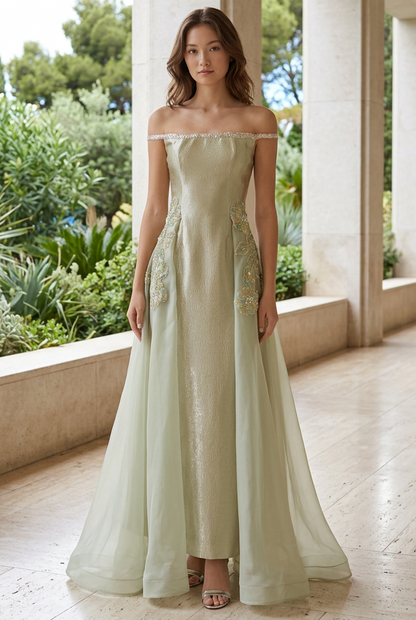 Off-the-Shoulder Metallic Gown with Overskirt