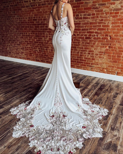 Floral Applique Corset Mermaid Wedding Dress