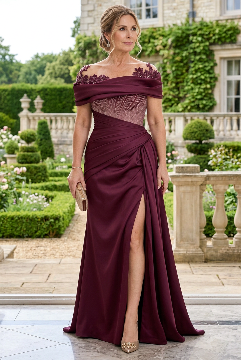 Off-the-Shoulder Draped Gown with Side Slit