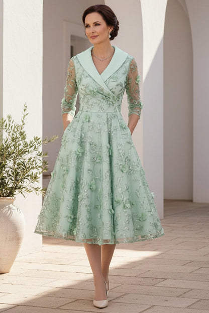 3D Floral Tea-Length A-Line Dress with Pockets
