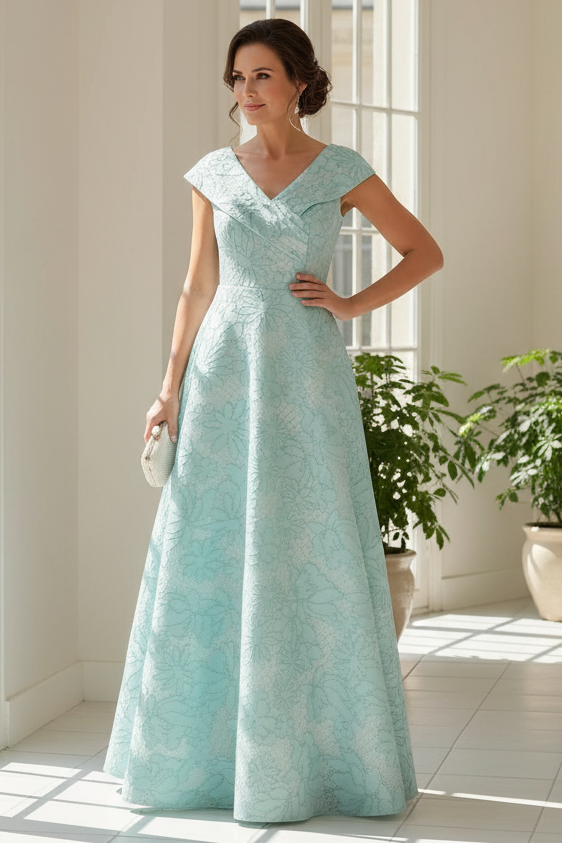 Jacquard Cap Sleeve A-Line Evening Dress