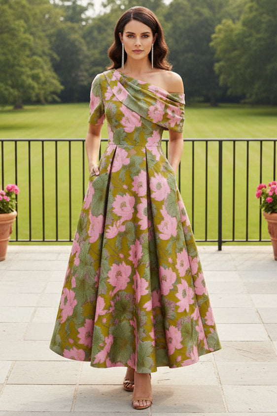 Off-Shoulder Floral Jacquard Tea-Length Dress