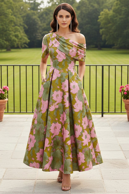 Off-Shoulder Floral Jacquard Tea-Length Dress