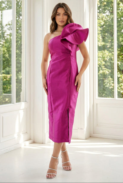 One-Shoulder Ruffle Midi Dress with Slit