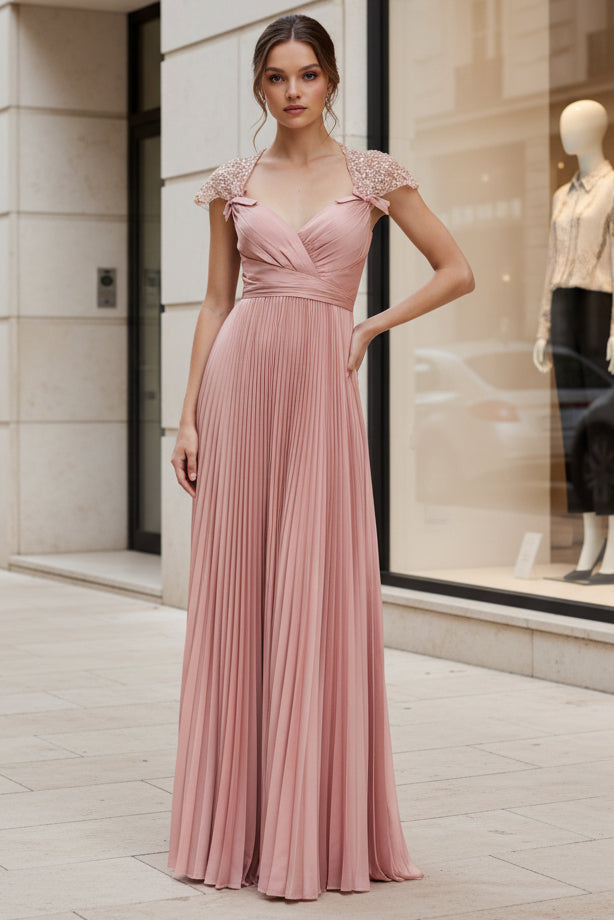 Pleated A-Line Evening Gown with Embroidered Cap Sleeves
