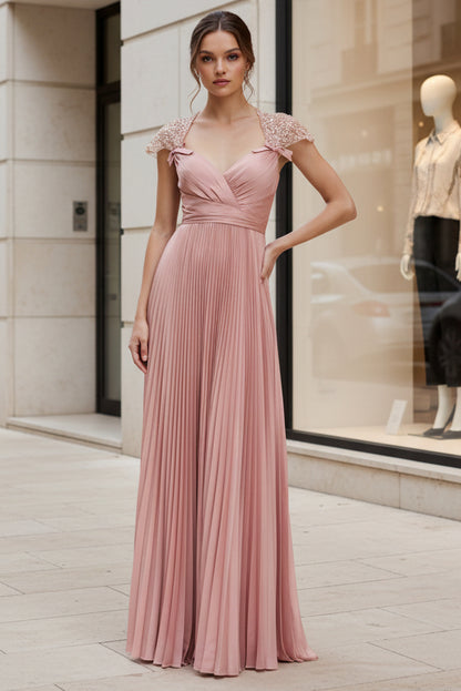 Pleated A-Line Evening Gown with Embroidered Cap Sleeves