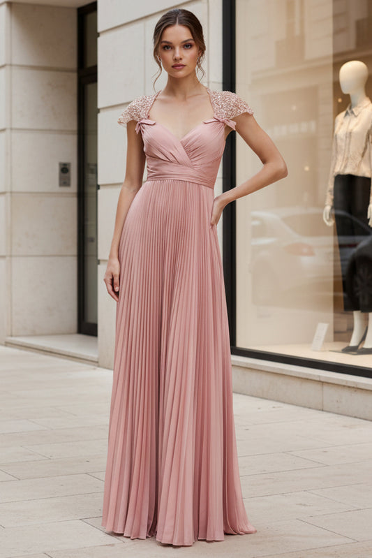 Pleated A-Line Evening Gown with Embroidered Cap Sleeves