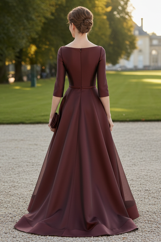 High-Low Pleated Satin Gown with 3/4 Sleeves