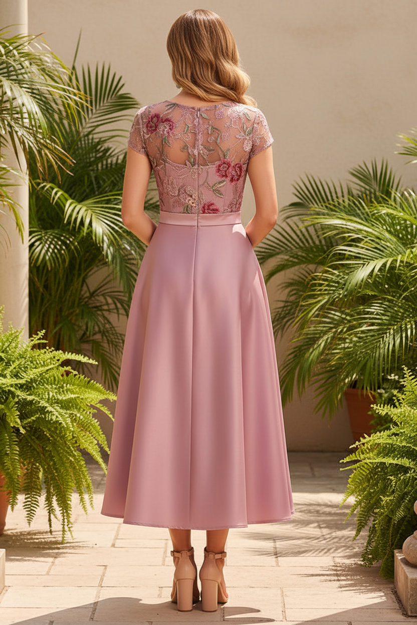 Embroidered Bodice Satin Tea-Length A-Line Dress