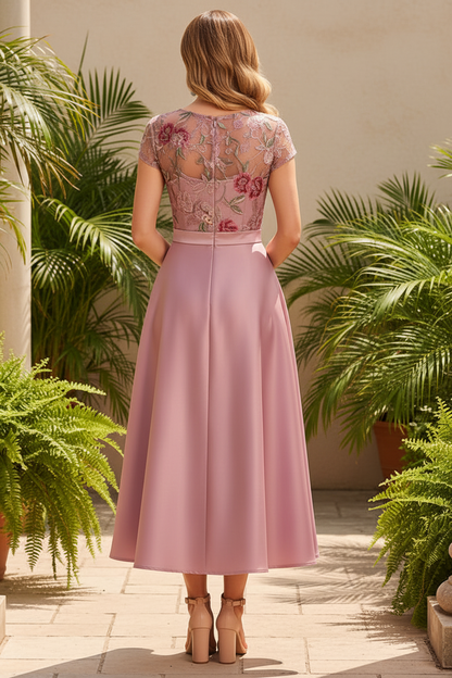 Embroidered Bodice Satin Tea-Length A-Line Dress