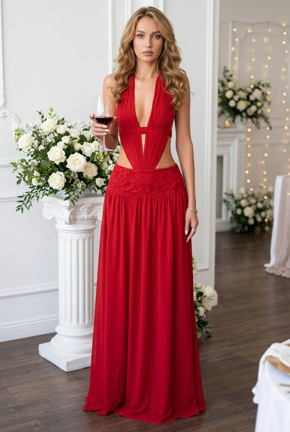 Halter Cut-Out Maxi Dress with Lace Waistband