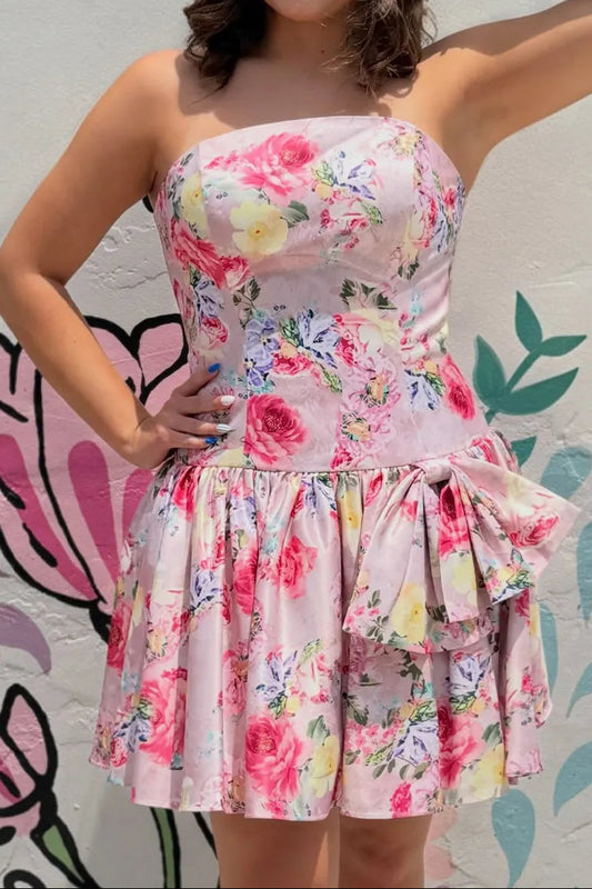 Strapless Floral Corset Mini Dress with Bow Skirt