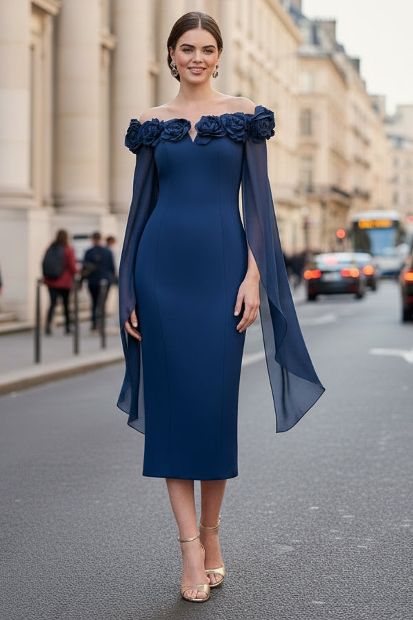 Off-the-Shoulder Cape Sleeve Midi Dress with 3D Flowers