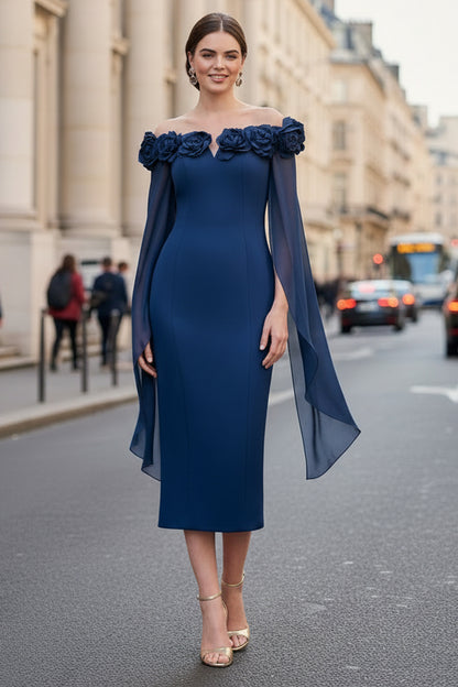 Off-the-Shoulder Cape Sleeve Midi Dress with 3D Flowers
