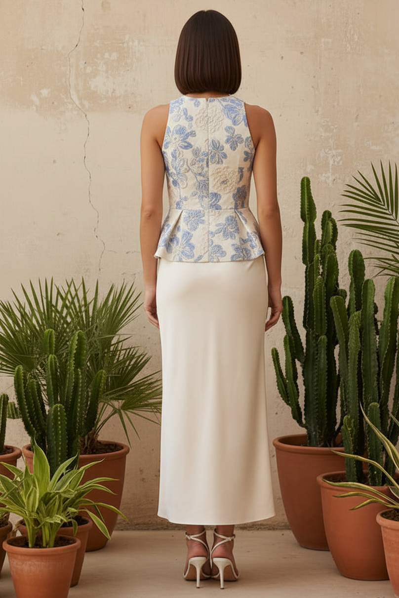 Floral Jacquard Peplum Top and Satin Skirt Set
