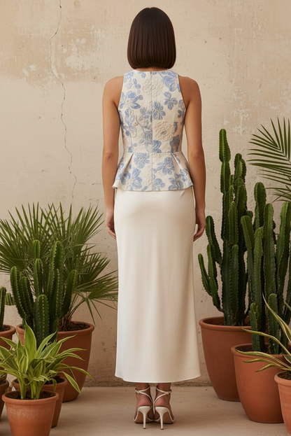 Floral Jacquard Peplum Top and Satin Skirt Set
