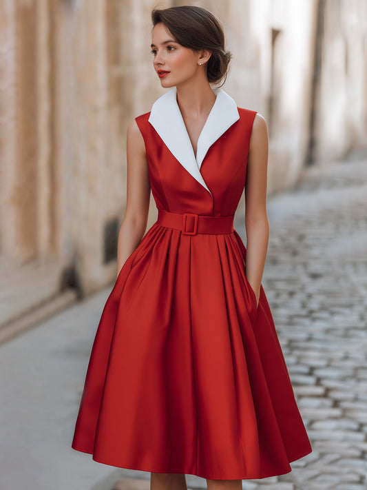Collared Sleeveless Satin Fit and Flare Midi Dress