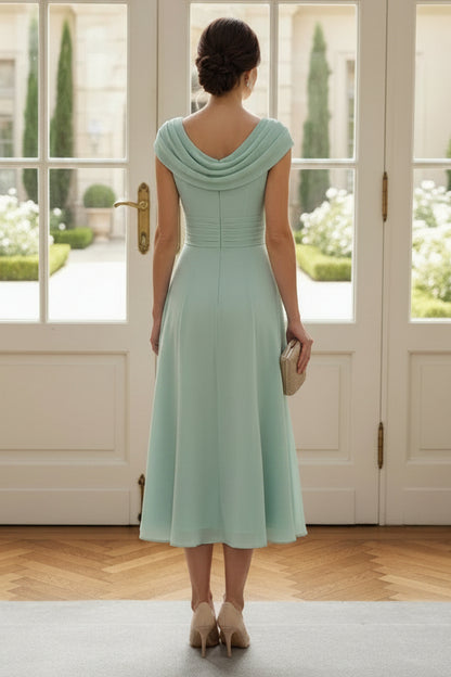 A-Line Cowl Neck Chiffon Tea-Length Dress