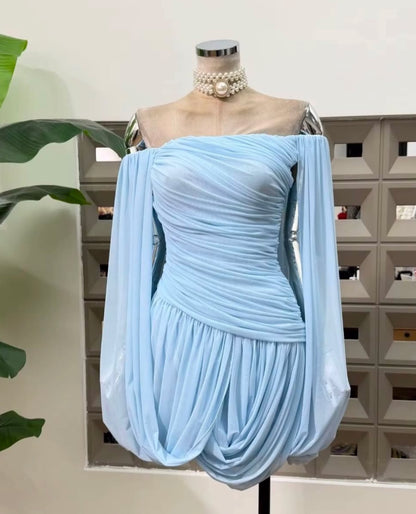 Off-the-Shoulder Wrap Mini Dress with Cape Sleeves