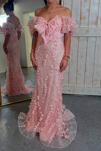 3D Floral Sequin Gown with Bow Accent