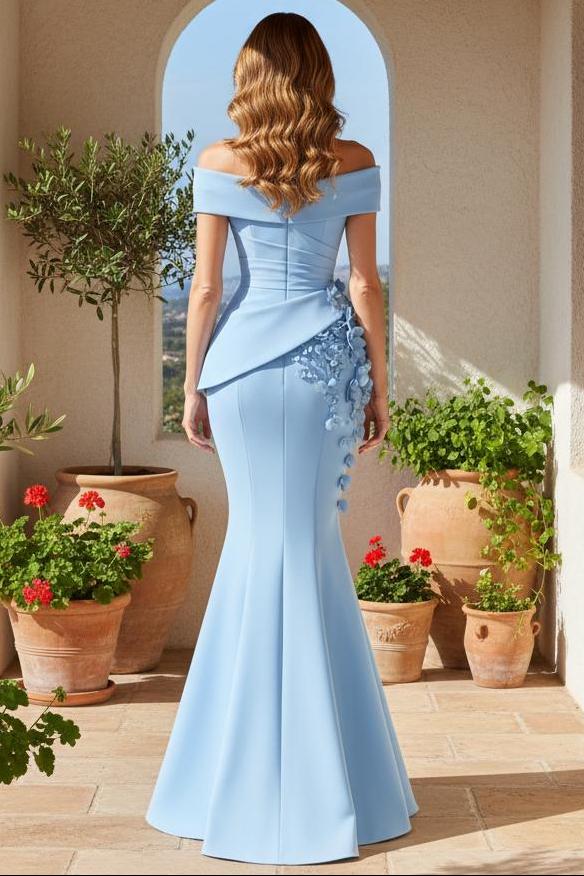 Off-the-Shoulder Floral Appliqué Mermaid Gown