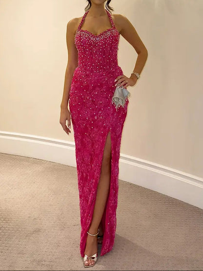 Beaded Halter Evening Gown with Front Slit