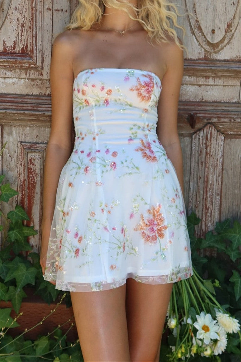 Strapless Floral Embroidered Fit and Flare Mini Dress