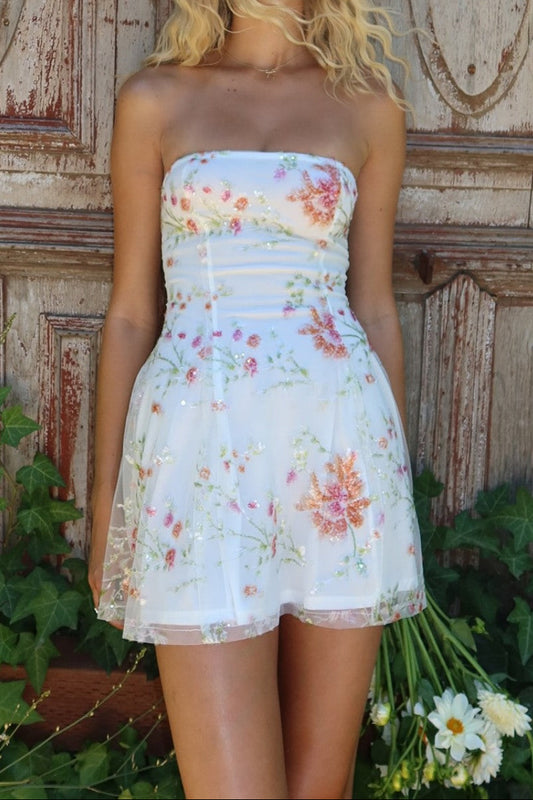 Strapless Floral Embroidered Fit and Flare Mini Dress